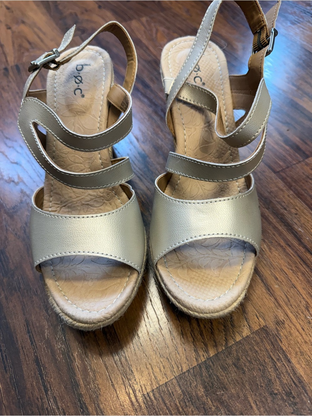 b.o.c. Metallic Tan Strappy Wedge Sandals
